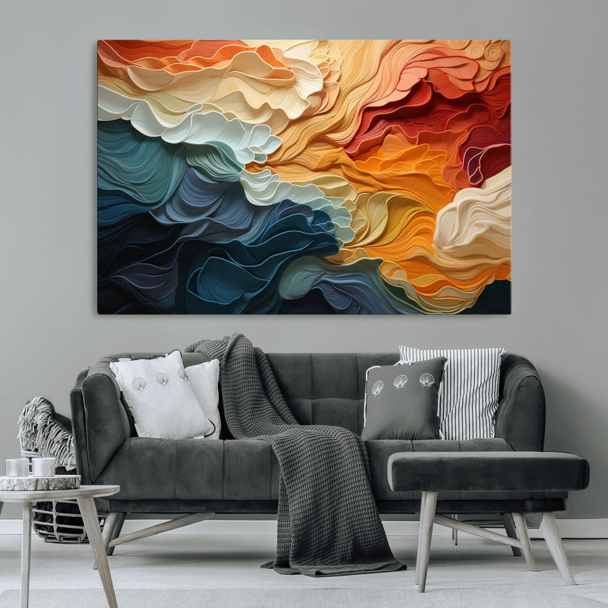 Blue Orange Abstract Wave Wall Art Canvas Print, Framed Blue