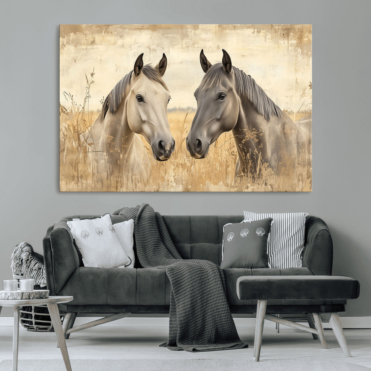 Chines Ink Style Grunge Horses Wall Art Canvas Print