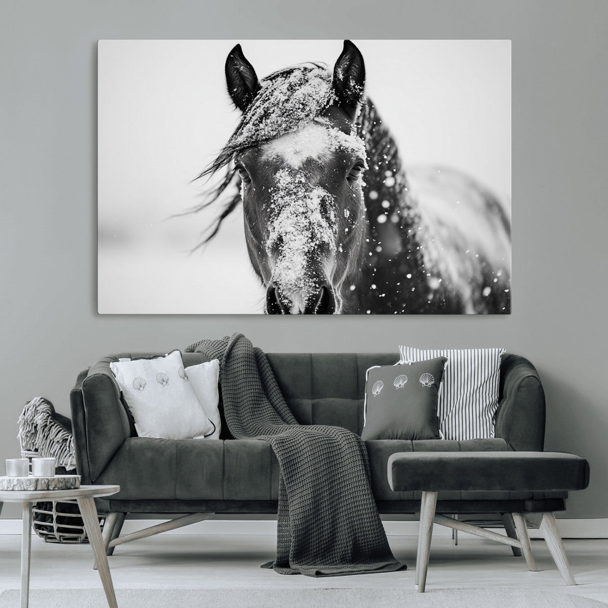 Western Wall Art | Black and White Winter Horse Wall Art |
