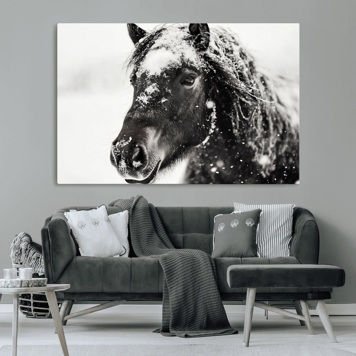 Framed Black and White Horse Wall Art | Ready to Hang and