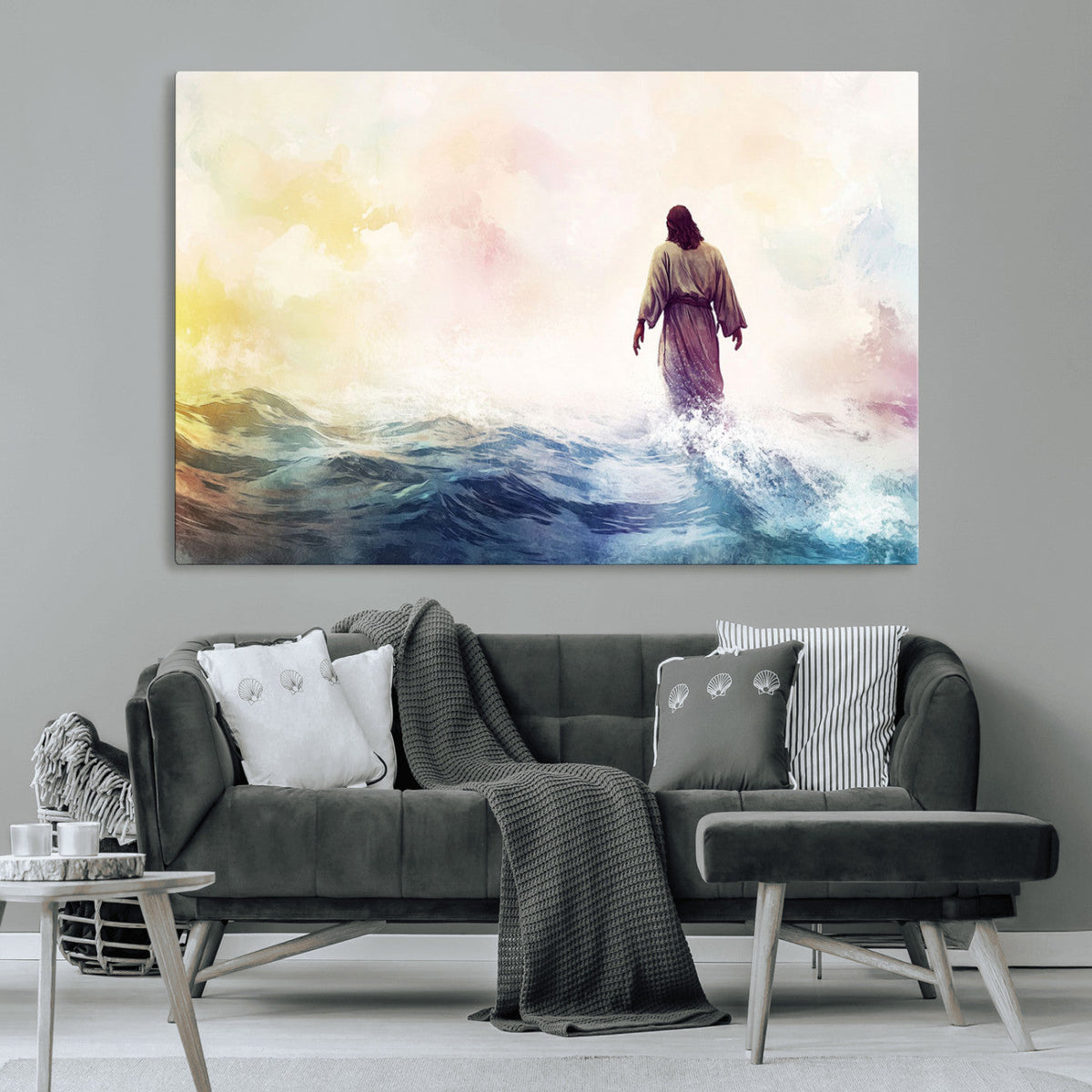 Watercolor Jesus Walking on Water Canvas Print, Christian