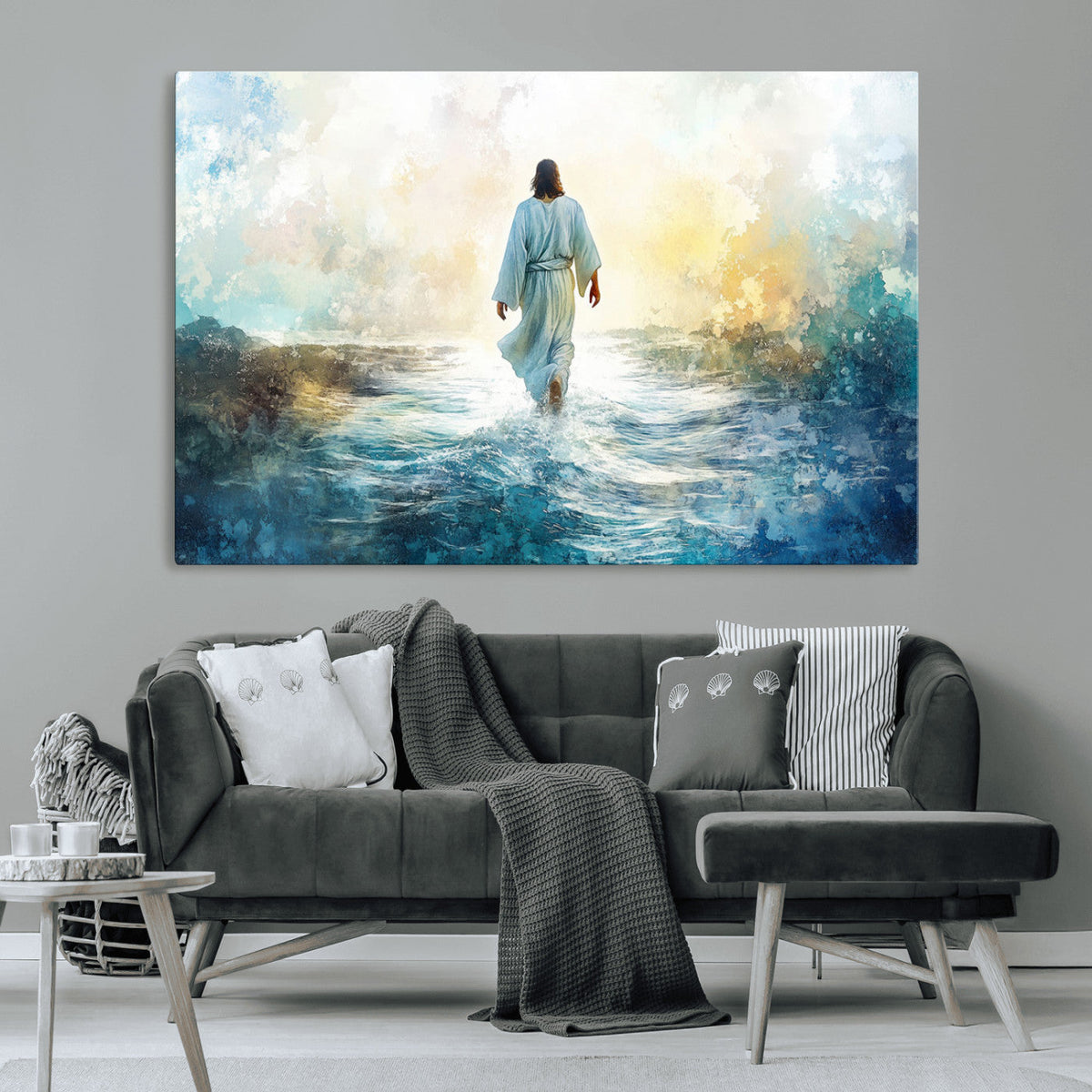 Watercolor Jesus Walking on Water Canvas Print, Christian
