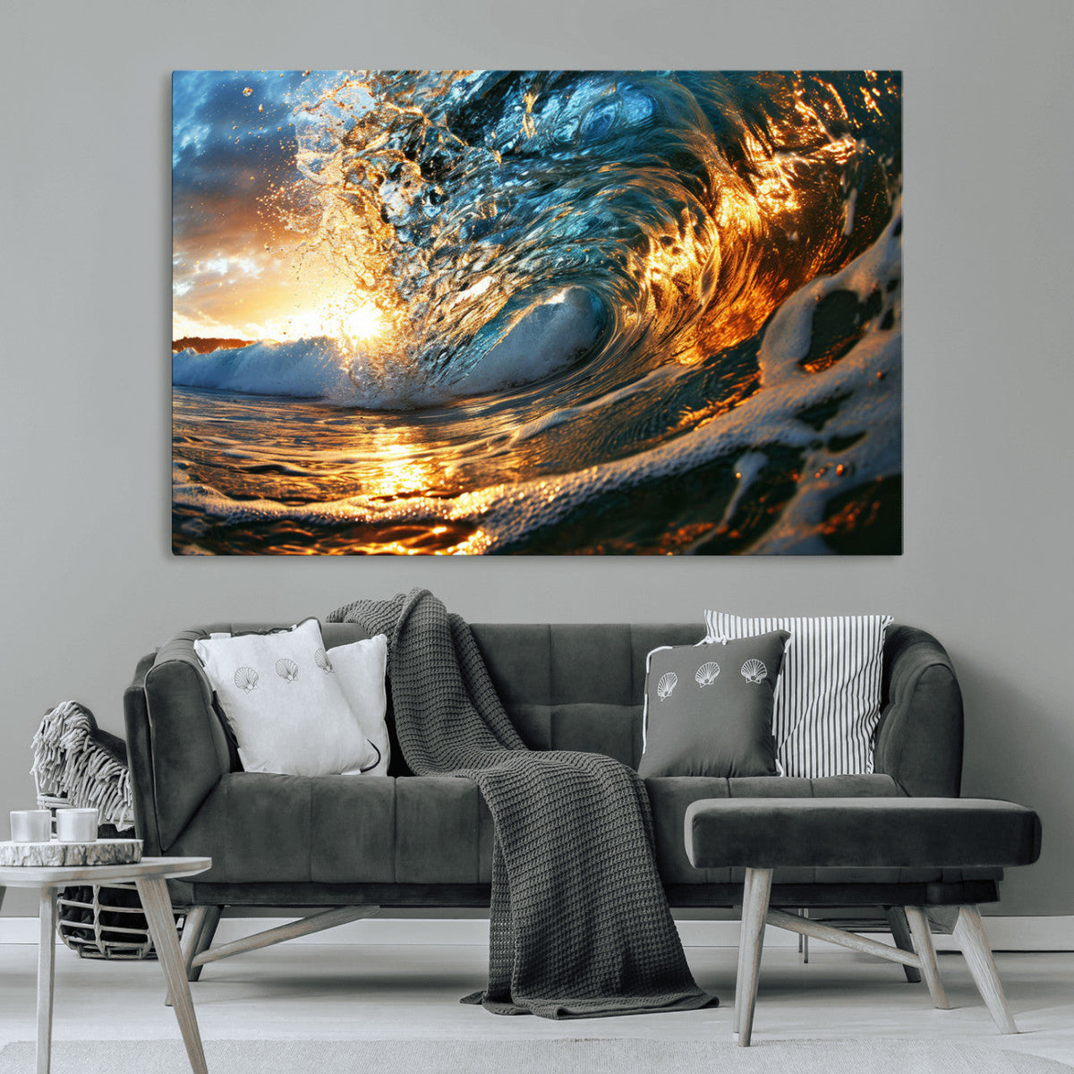 Ocean Wave at Sunset Canvas Wall Art – Vibrant Coastal Beach