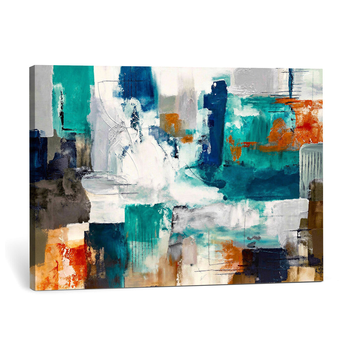 Blue Teal Abstract Canvas Wall Art, Modern Textured Painting Print, Navy Orange White Contemporary Art, Neutral Living Room Decor, Office Art