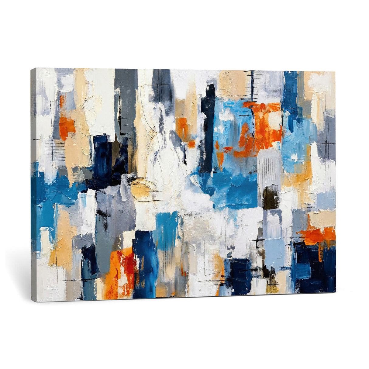 Blue Teal Abstract Canvas Wall Art, Modern Textured Painting Print, Navy Orange White Contemporary Art, Neutral Living Room Decor, Office Art