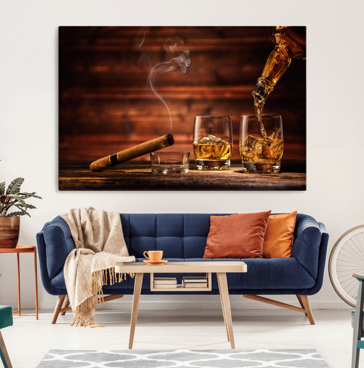 Whiskey and Cigar Wall Art Canvas | 3 Panel Bar Room Decor