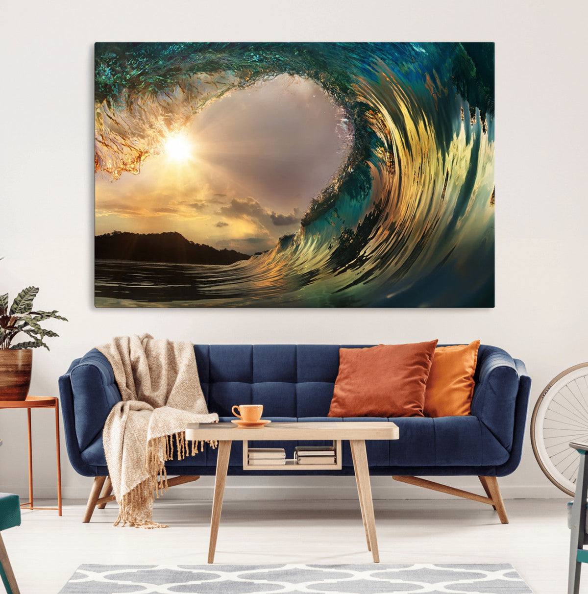 Golden Wave Sunset Canvas Print – Large Coastal Wall Art for