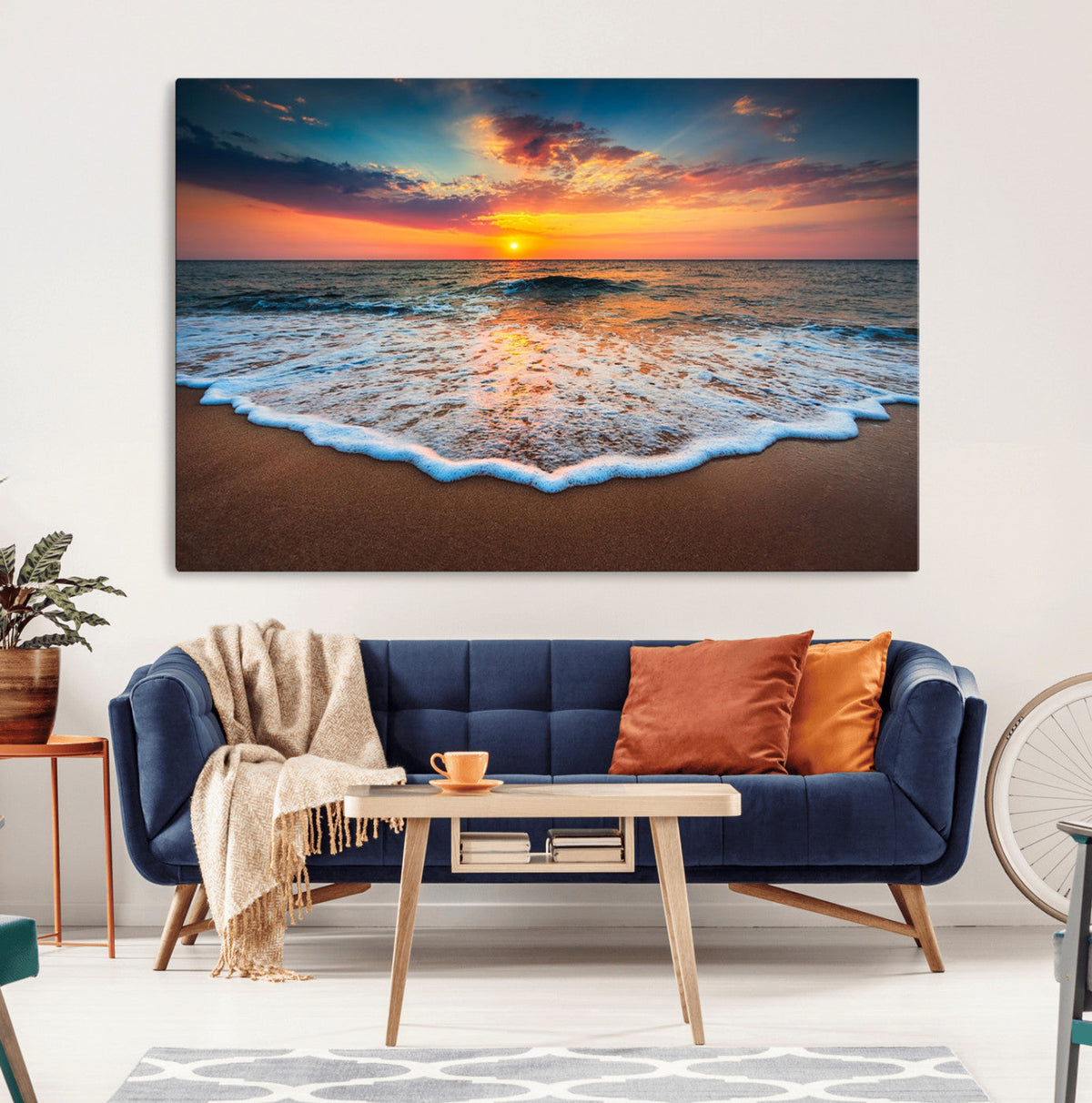 Sunset Beach Canvas Wall Art – Colorful Ocean Waves Triptych