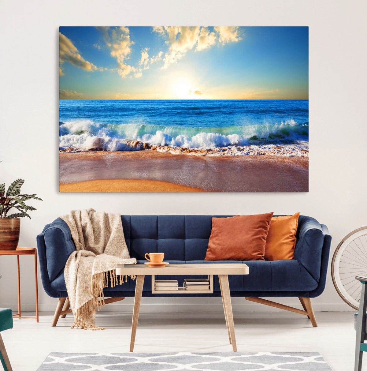 Tropical Beach Sunset Canvas Art, Ocean Waves and Sandy