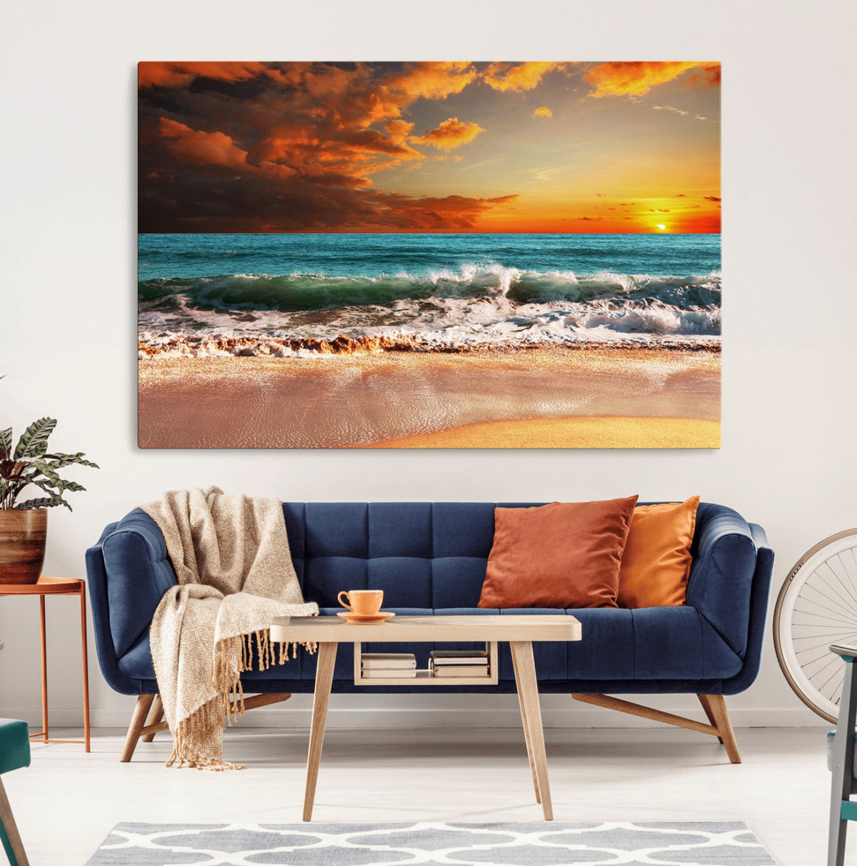 Golden Sunset Beach Canvas Wall Art – Triptych Seascape