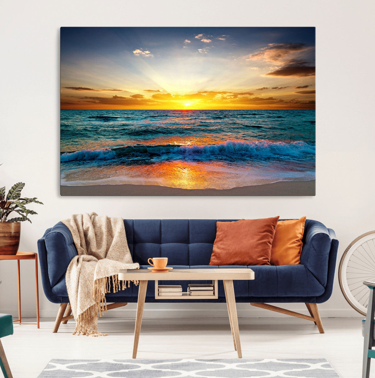 Vibrant Ocean Sunrise Over Golden Beach Waves, Giclee Canvas