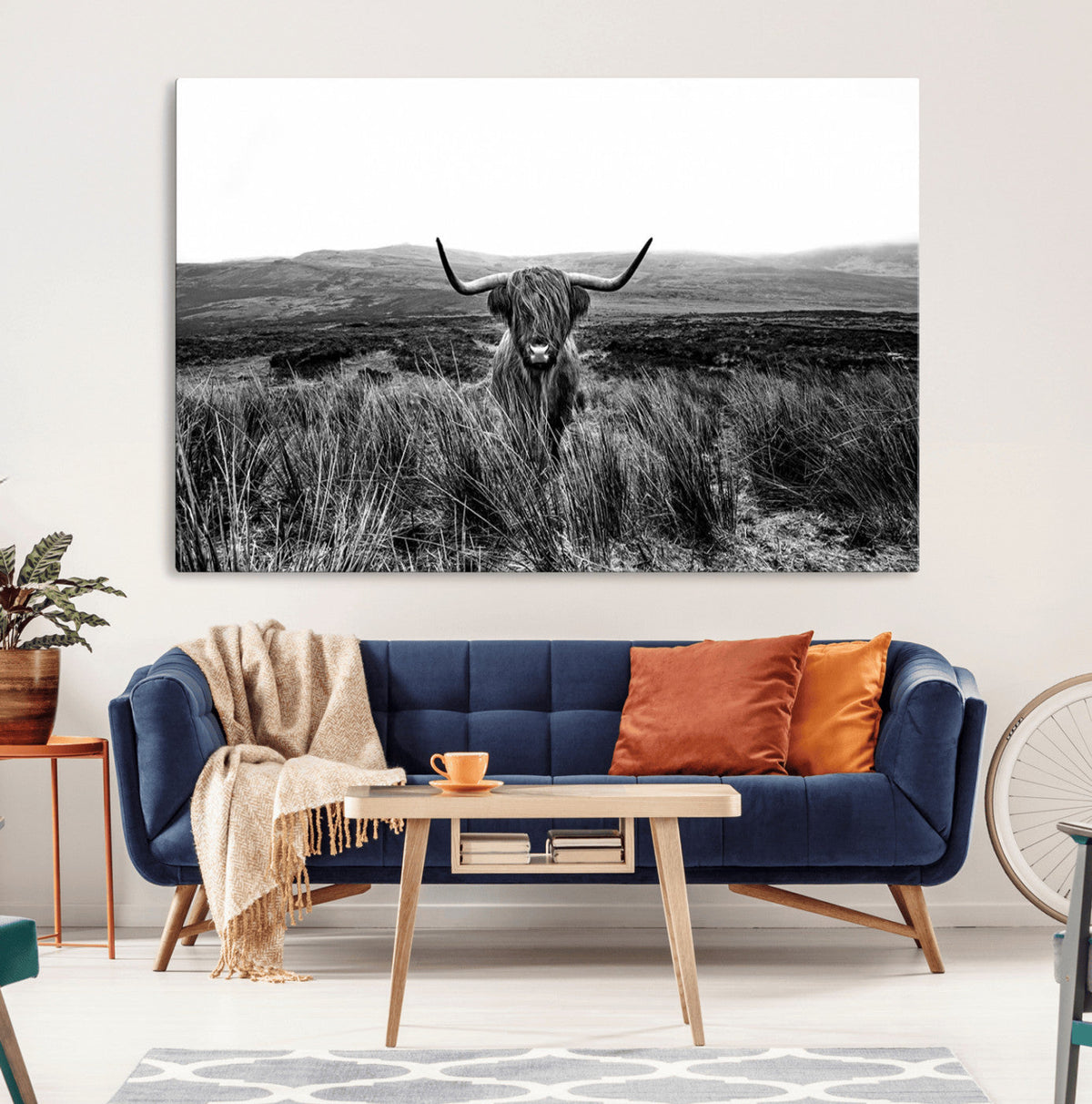 Black and White Highland Cow Canvas Wall Art, Longhorn