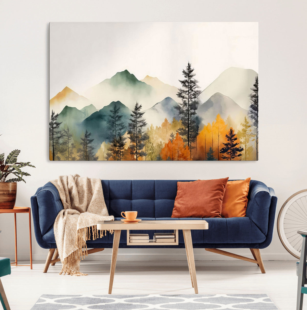 Abstract Watercolor Mountains and Trees Autumn Wall Art,