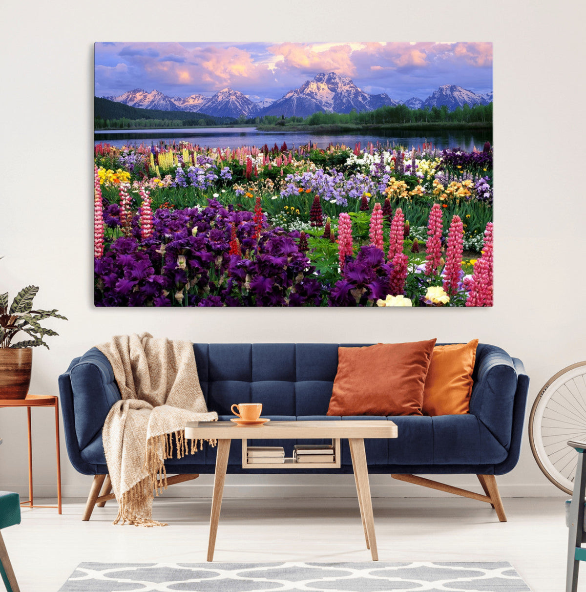 Vibrant Wildflower Garden and Mountain View Giclee Canvas