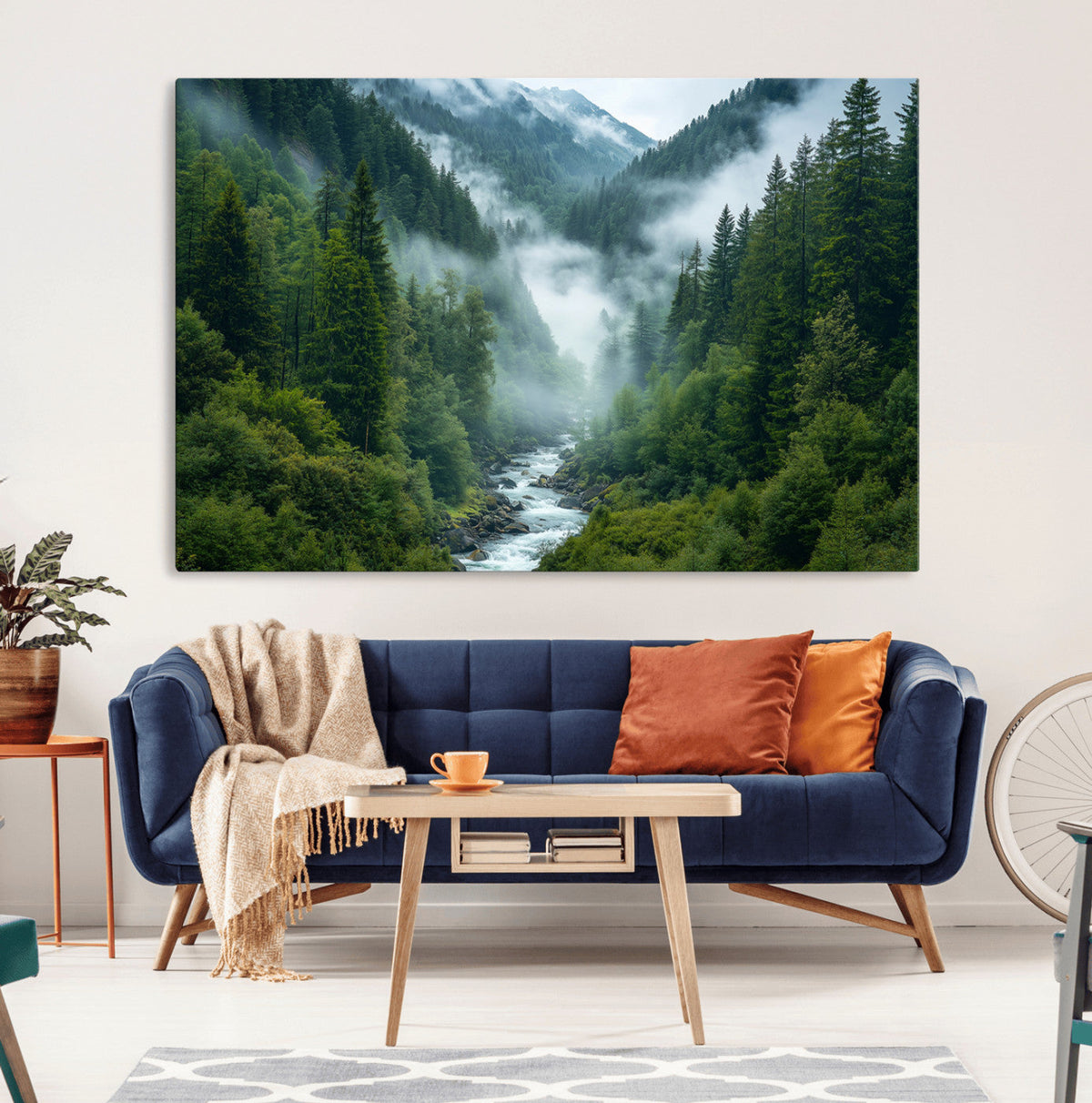 Mountain Forest River Canvas Wall Art Print - Serene Nature