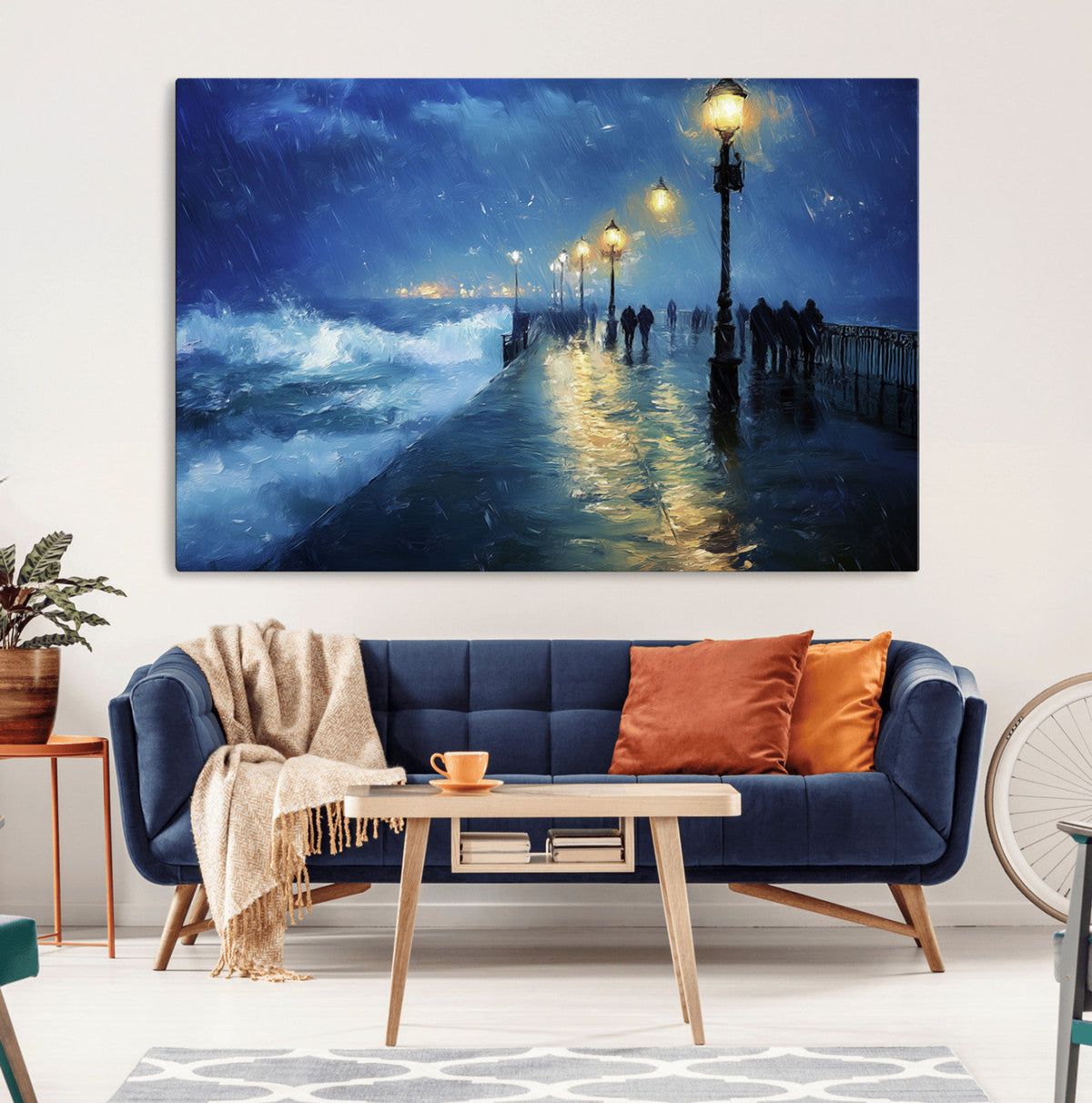 Storm Ocean Pier Canvas Wall Art Print - Large Moody Night