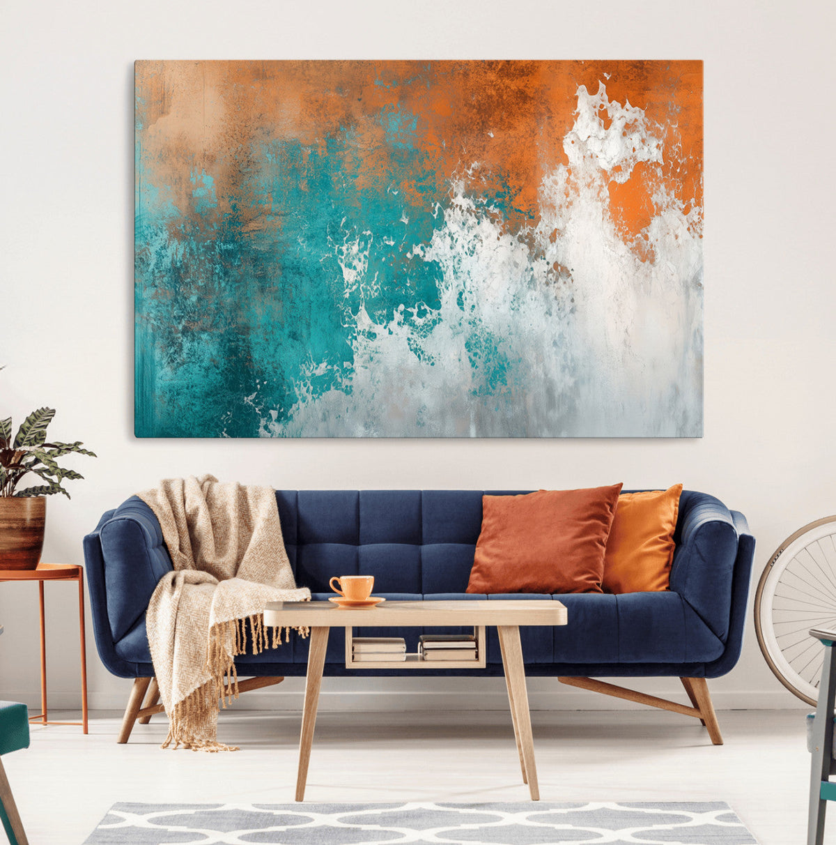 Vintage Abstract Print - Bold Teal and Orange Canvas Wall