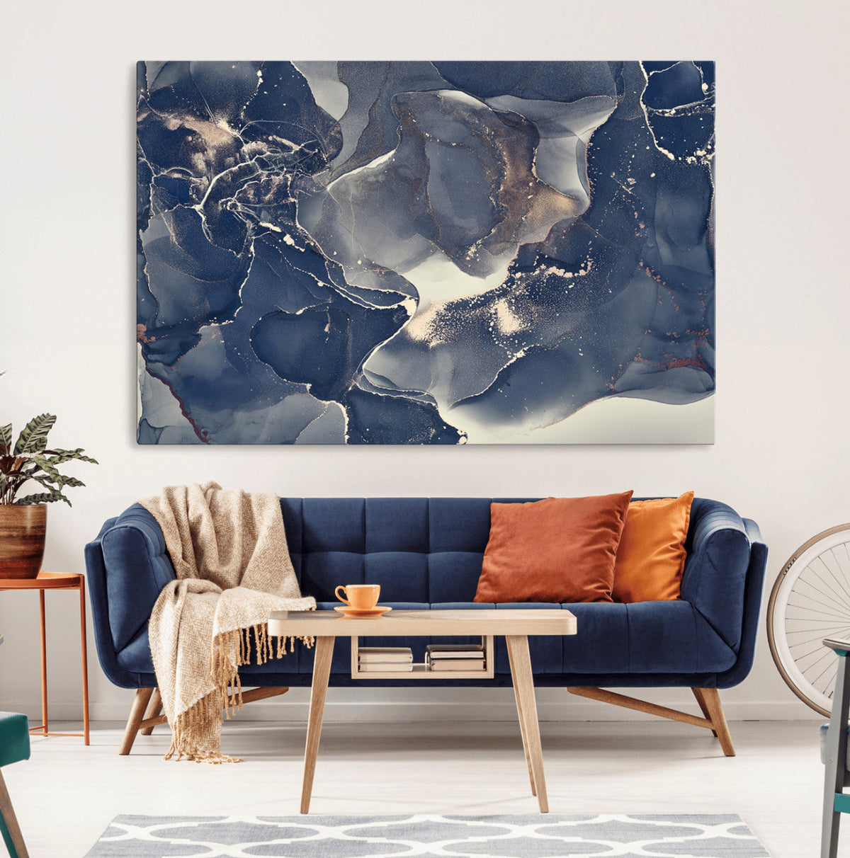 Large Abstract Blue and Gold Canvas Wall Art Fluid Ink