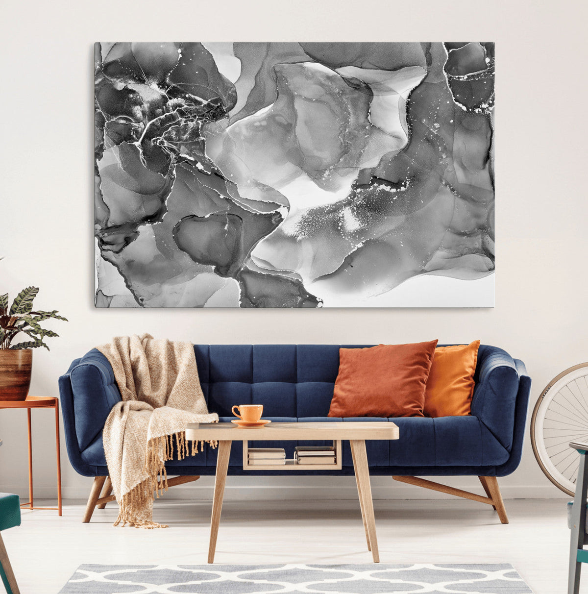 Black White Abstract Canvas Wall Art - Fluid Ink Artwork -