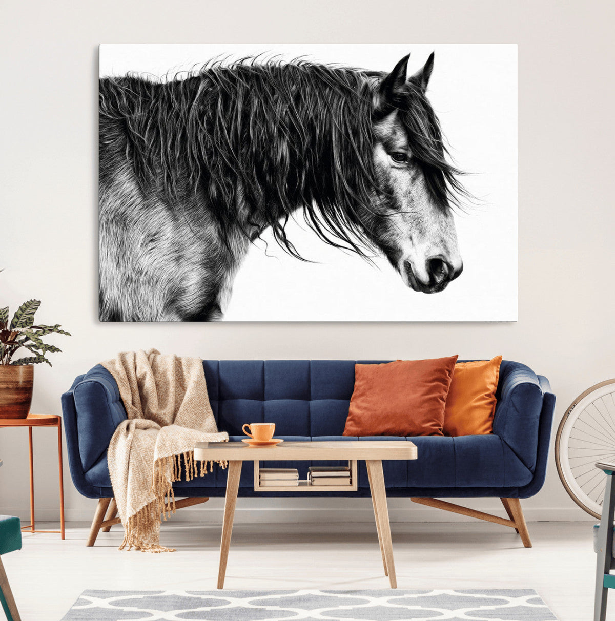 Majestic Horse Wall Art – Framed Black White Portrait Canvas