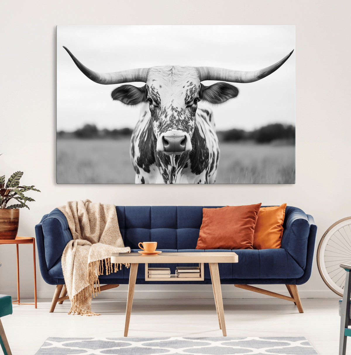 Highland Cow Wall Art Canvas Print – Black and White Western