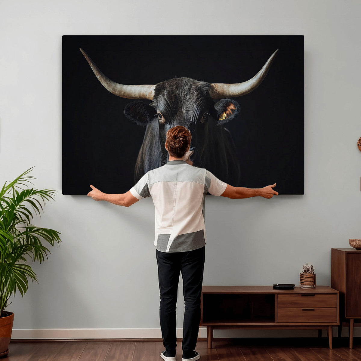 Majestic Longhorn Bull Wall Art Canvas Print – Dark