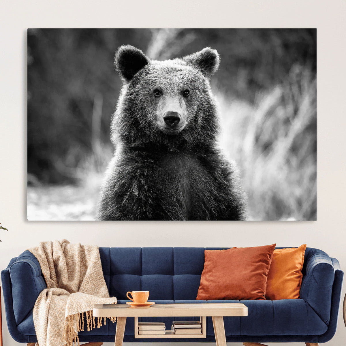 Grizzly Bear Wall Art Canvas Print – Framed Black White