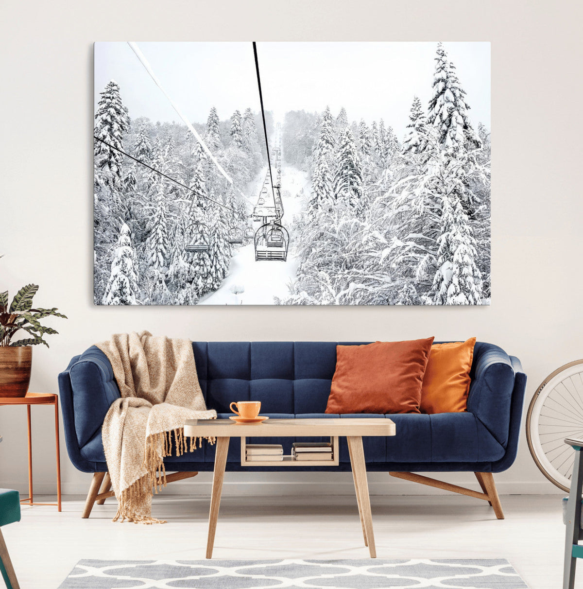 Snowy Ski Lift Wall Art – Framed Winter Mountain Canvas