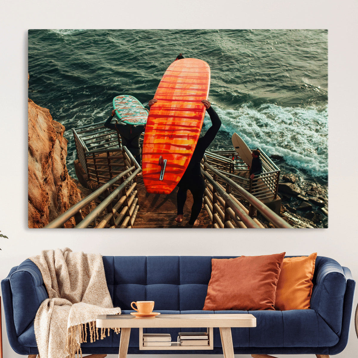 Surfer Stairway Wall Art – Framed Ocean Surf Canvas Artwork,