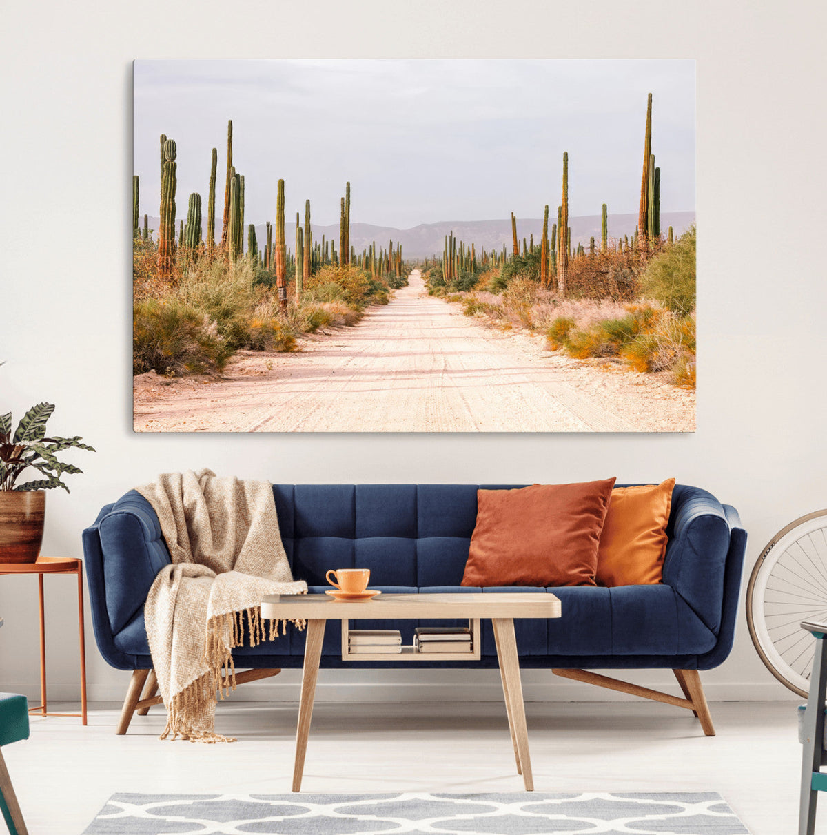 Desert Cactus Lined Road Wall Art Canvas Print – Framed