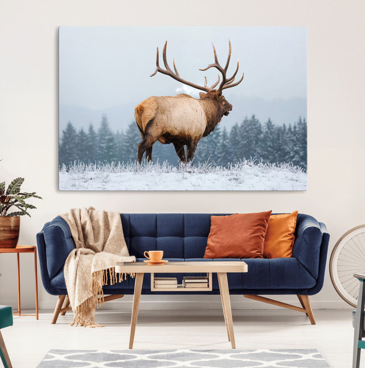 Elk Wall Art Canvas Print – Framed Snowy Forest Scene Art