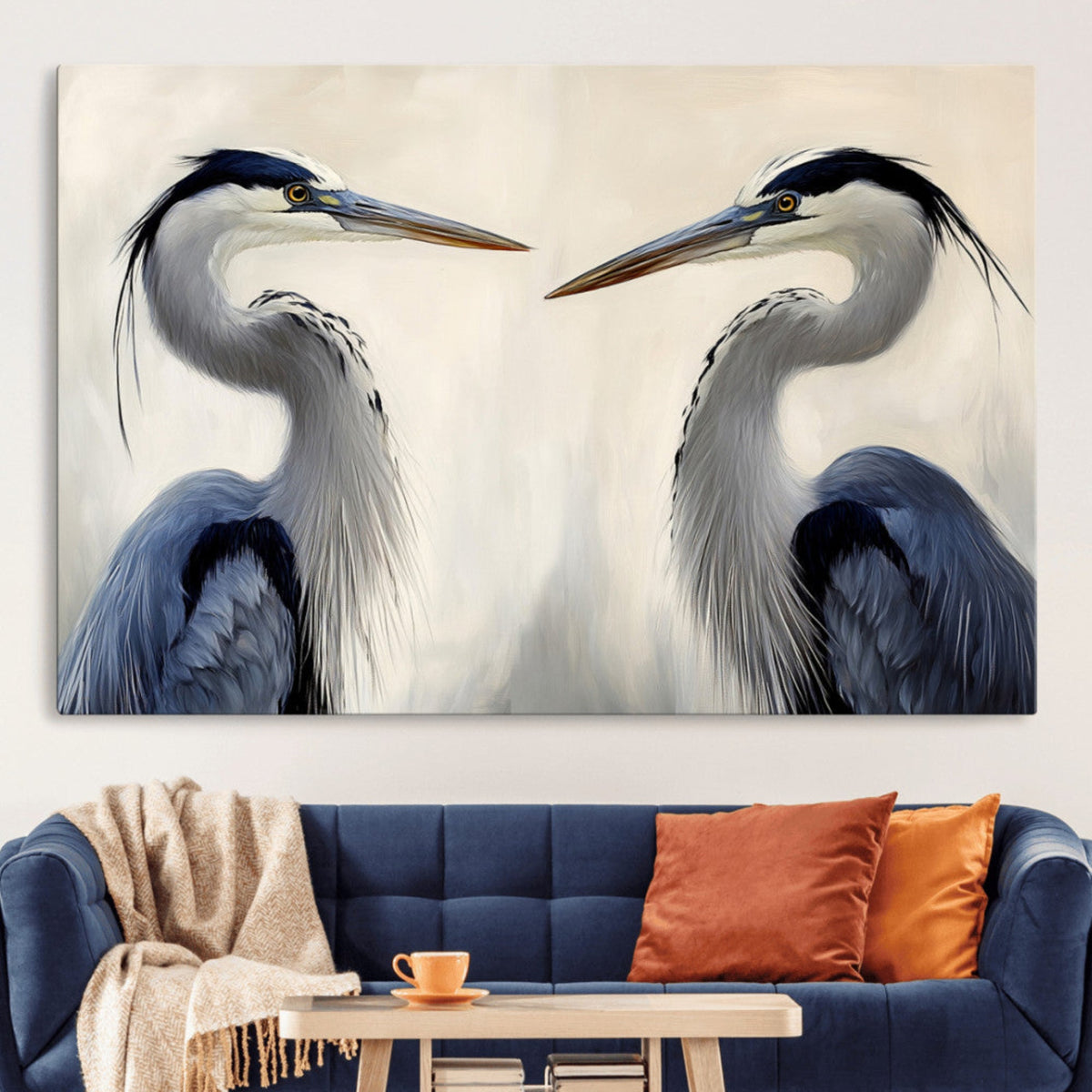 Blue Heron Pair Wall Art Canvas Print, Framed Coastal Bird