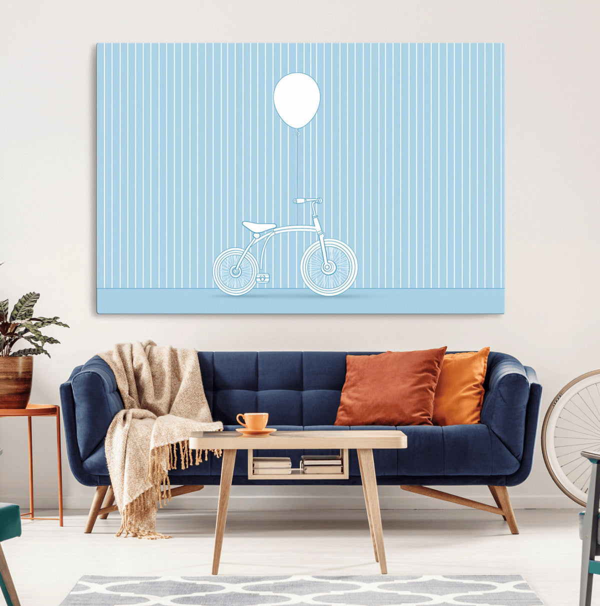 Minimalist Bicycle Balloon Canvas Wall Art – Playful Blue