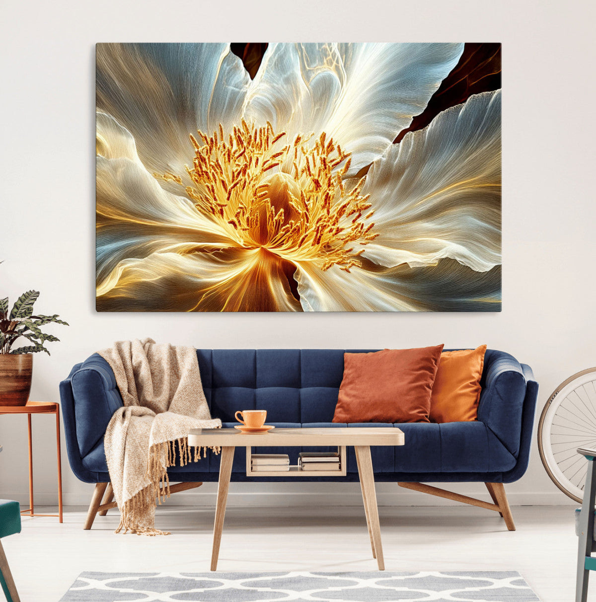 Golden Abstract Flower Canvas Wall Art, Modern Botanical