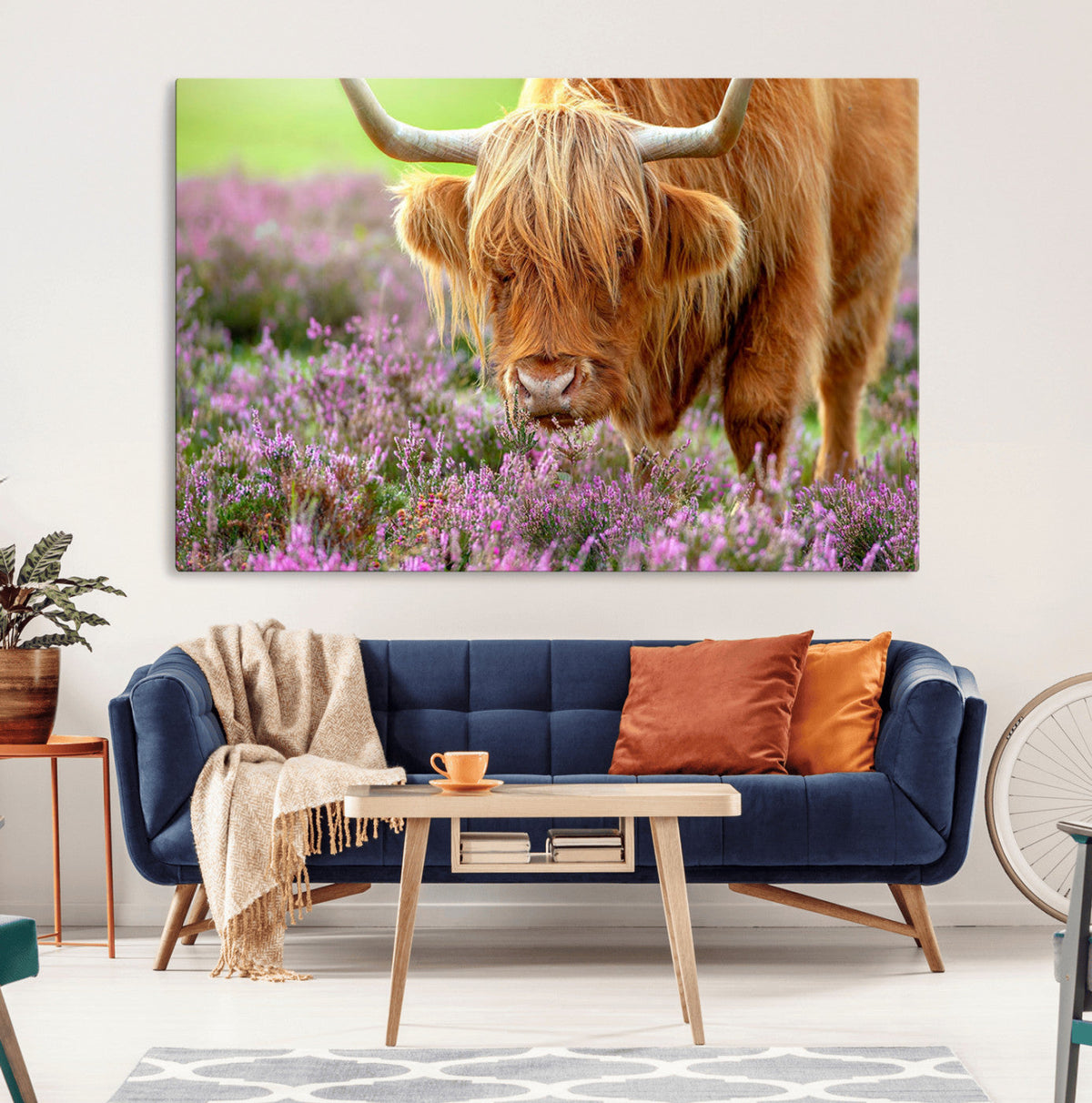 Highland Cow Wall Art – Purple Flowers Pasture Scenic