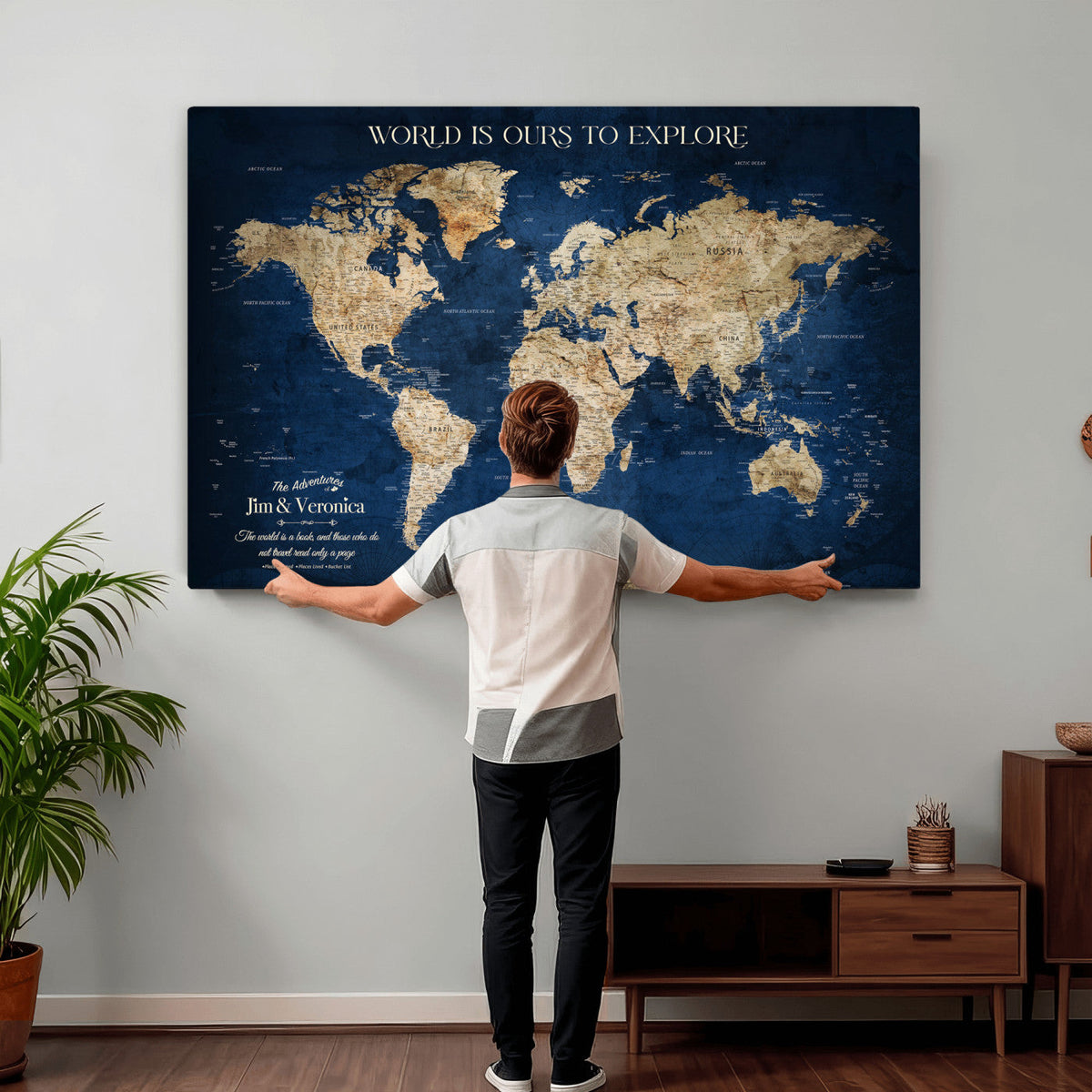 Framed Custom World Map Canvas Print - Deep Blue World Map
