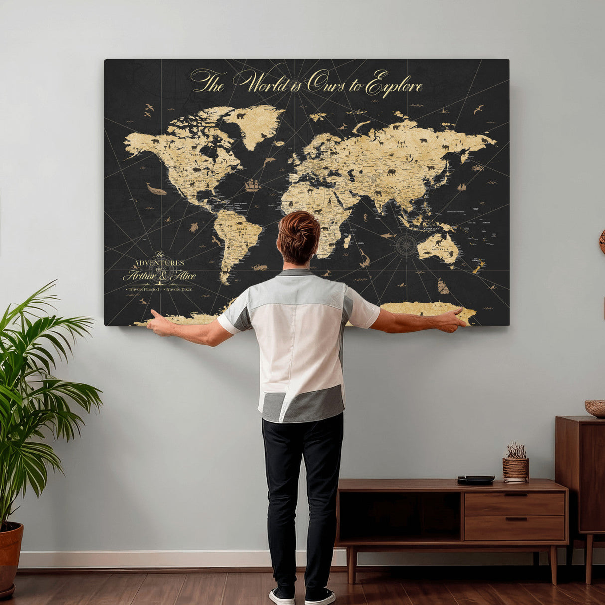 Custom Push Pin World Map Wall Art Canvas Print – Personalized Travel Tracker with Pins Framed Large for Home and Office Decor