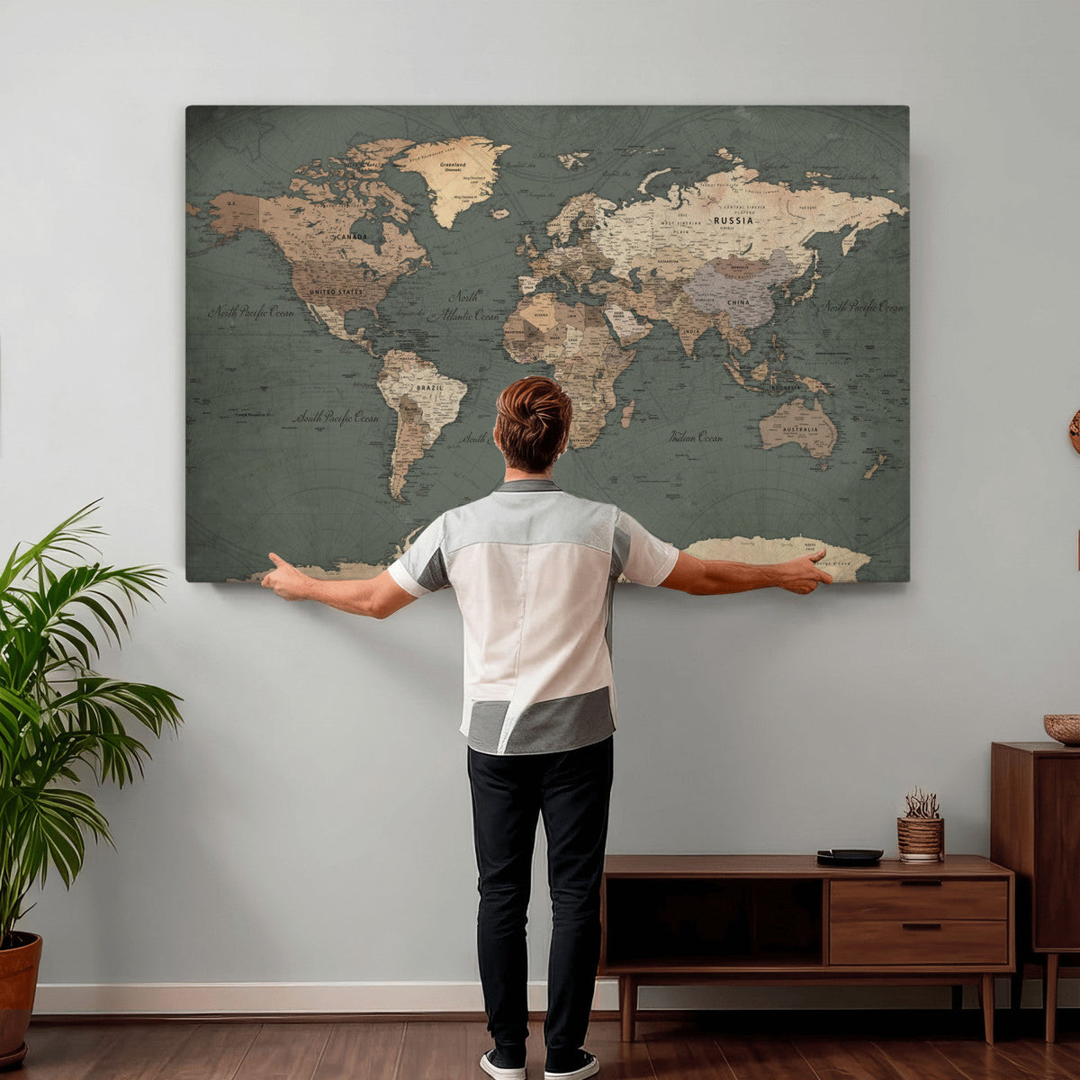 Rustic Black and Wood World Map Canvas Wall Art – Framed