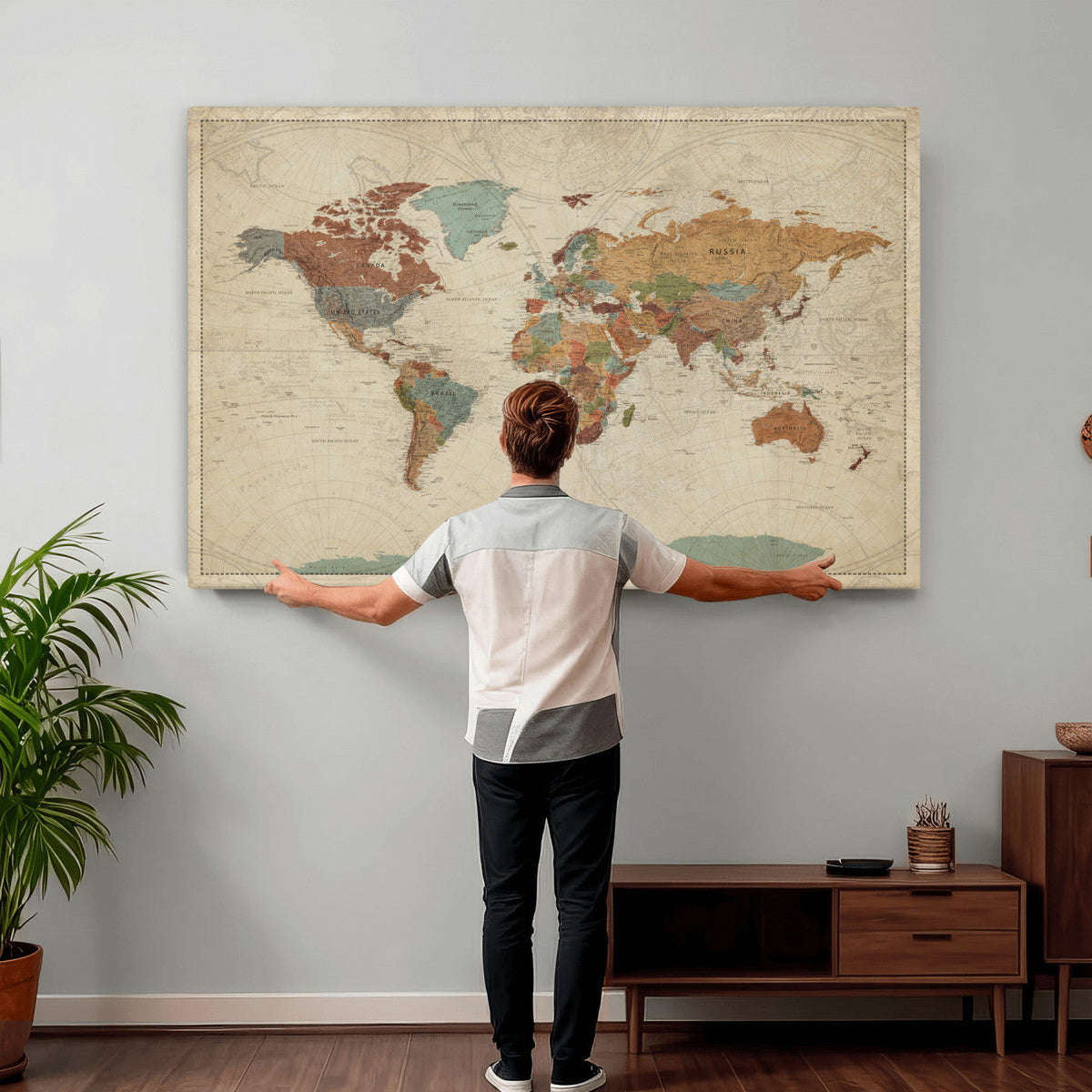 Vintage World Map Canvas Wall Art Print – Framed Modern
