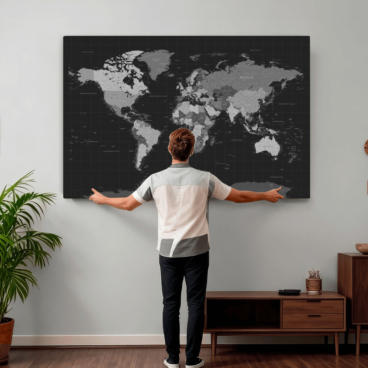 Black World Map Wall Art Canvas Print – Detailed Map of the