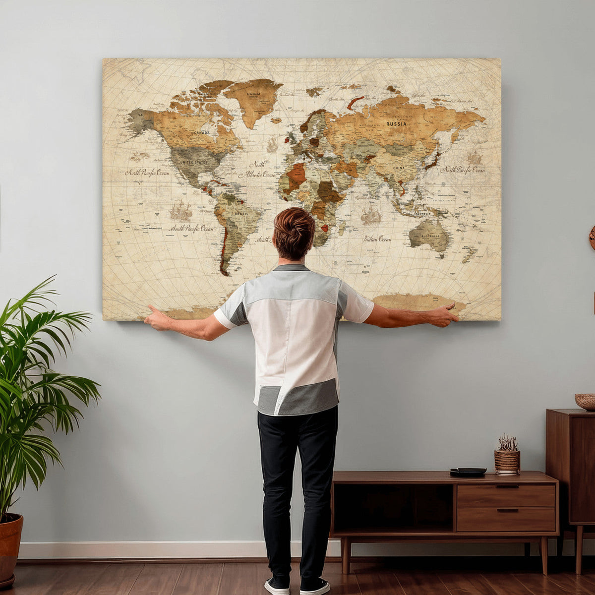 Rustic Vintage World Map Canvas Print – Framed Modern