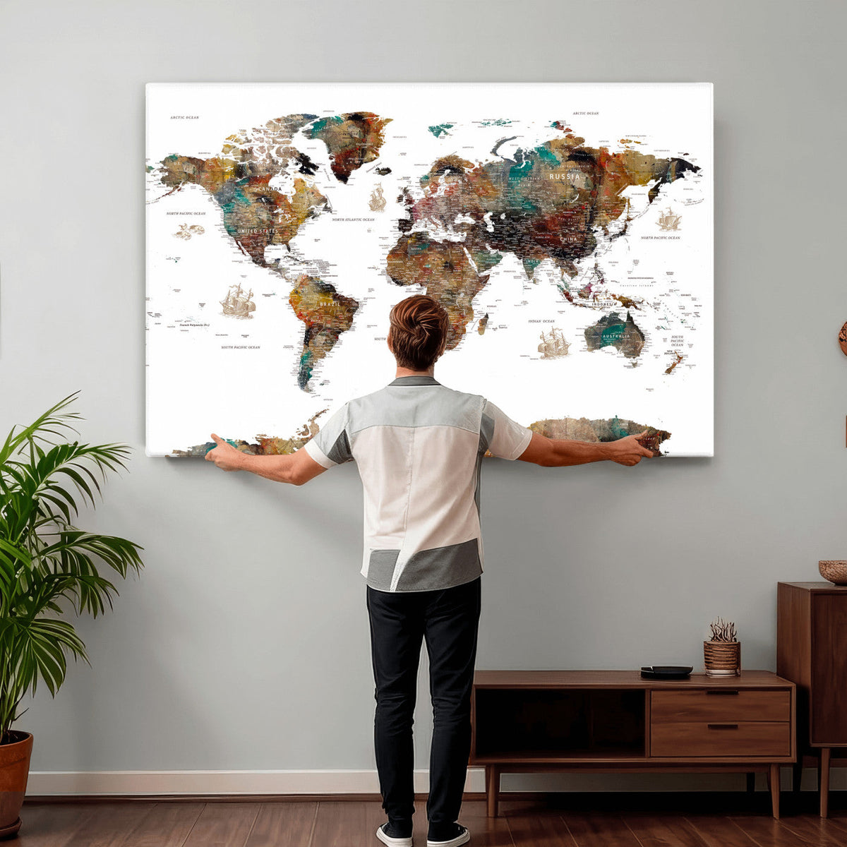 Watercolor World Map Canvas Print – Detailed Map of the