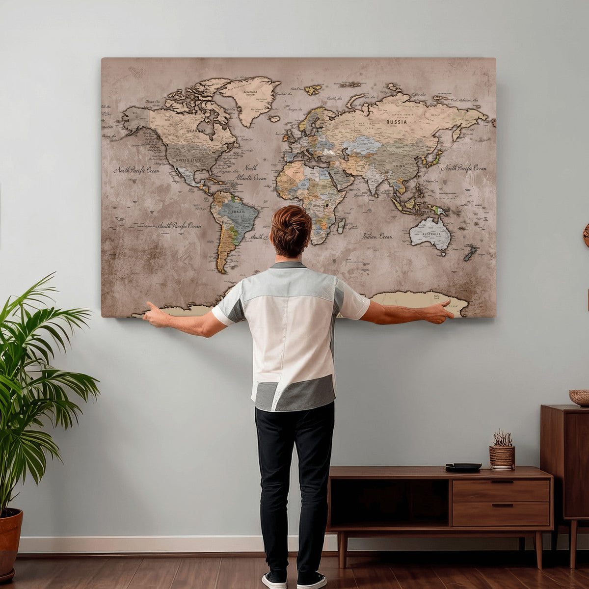 Grunge World Map Canvas Wall Art - Vintage Aged World Map