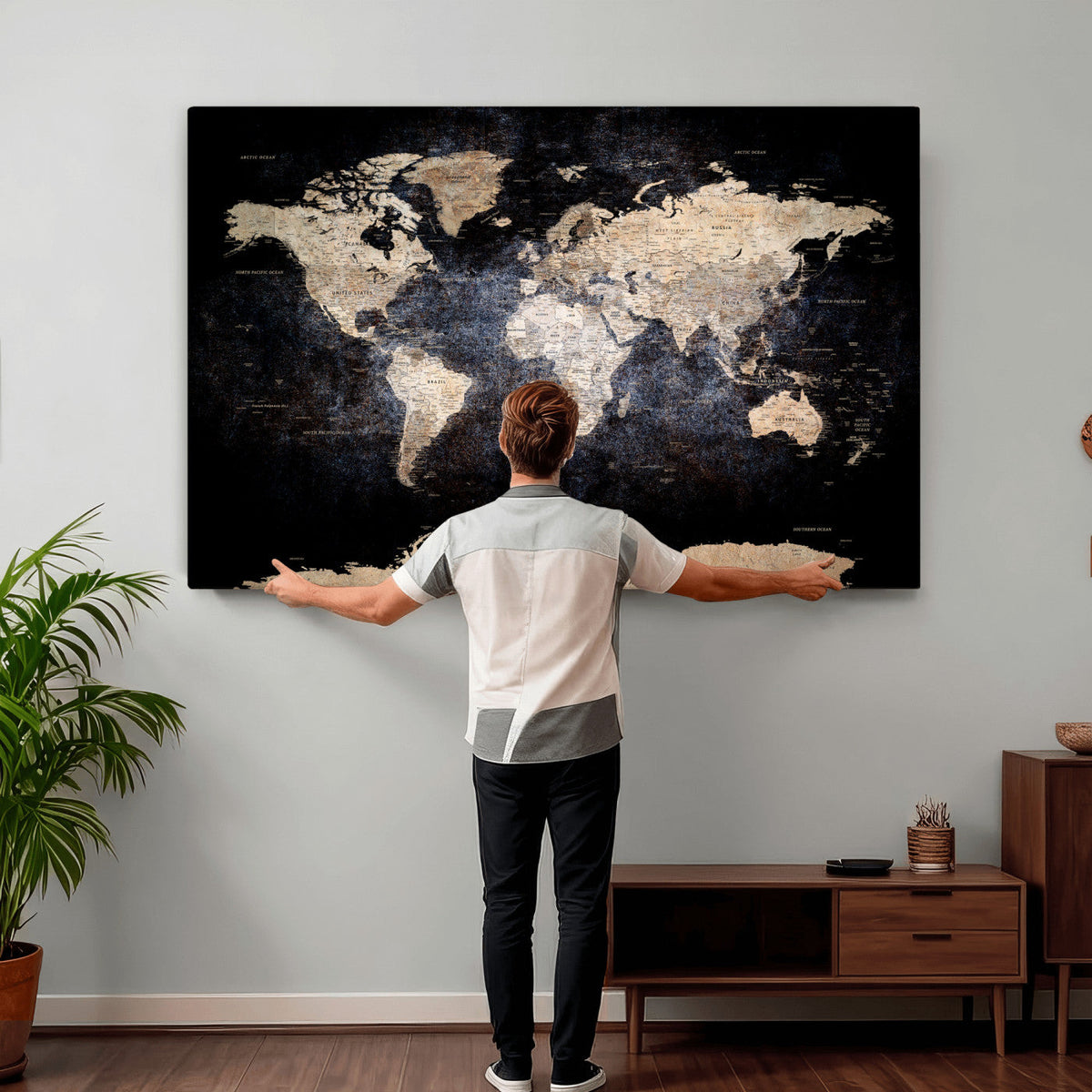 Grunge World Map Wall Art | 3-Panel Large Beige and Brown