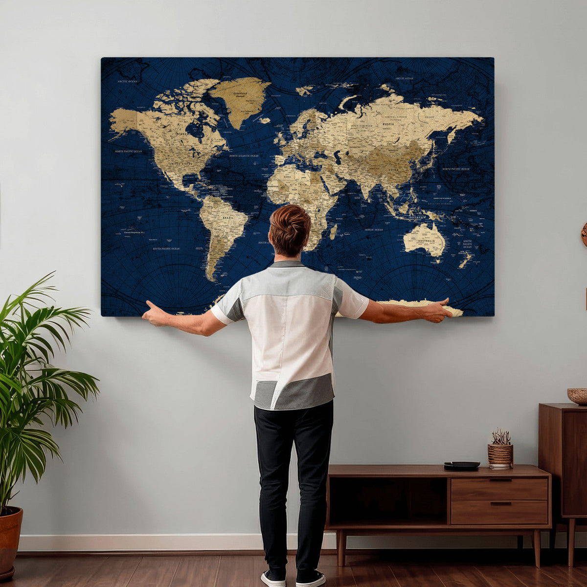 Navy Blue World Map Canvas Print – Detailed Map Minimal Navy