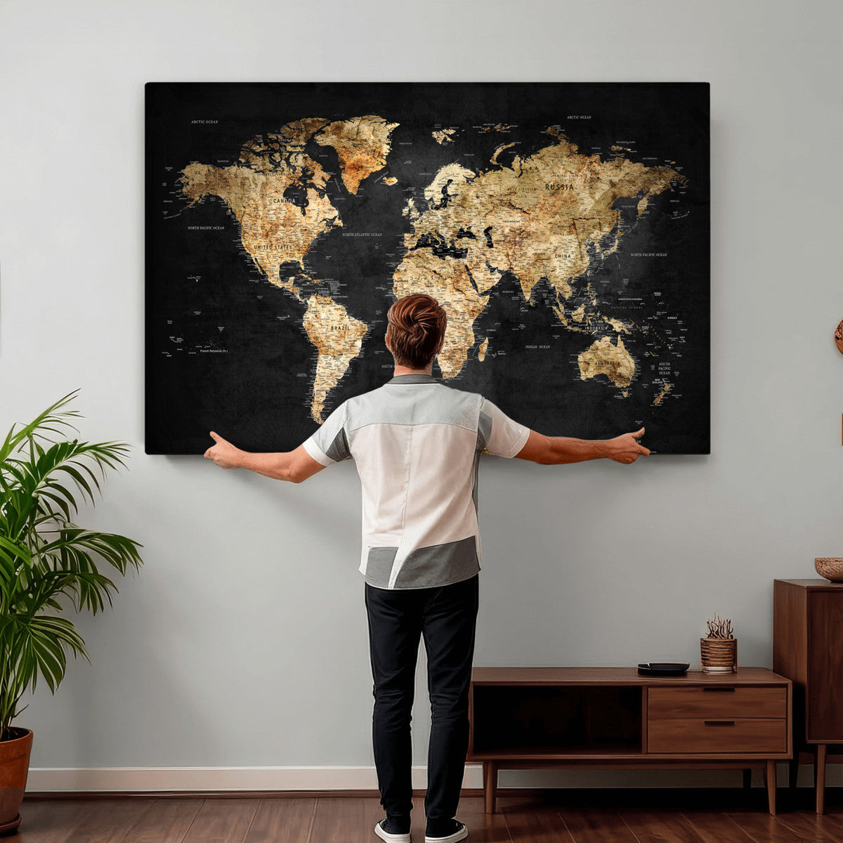 World Map Canvas Wall Art with Famous Landmarks – Framed