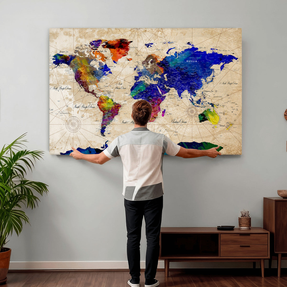 Watercolor World Map Canvas Print – Framed Wall Art for