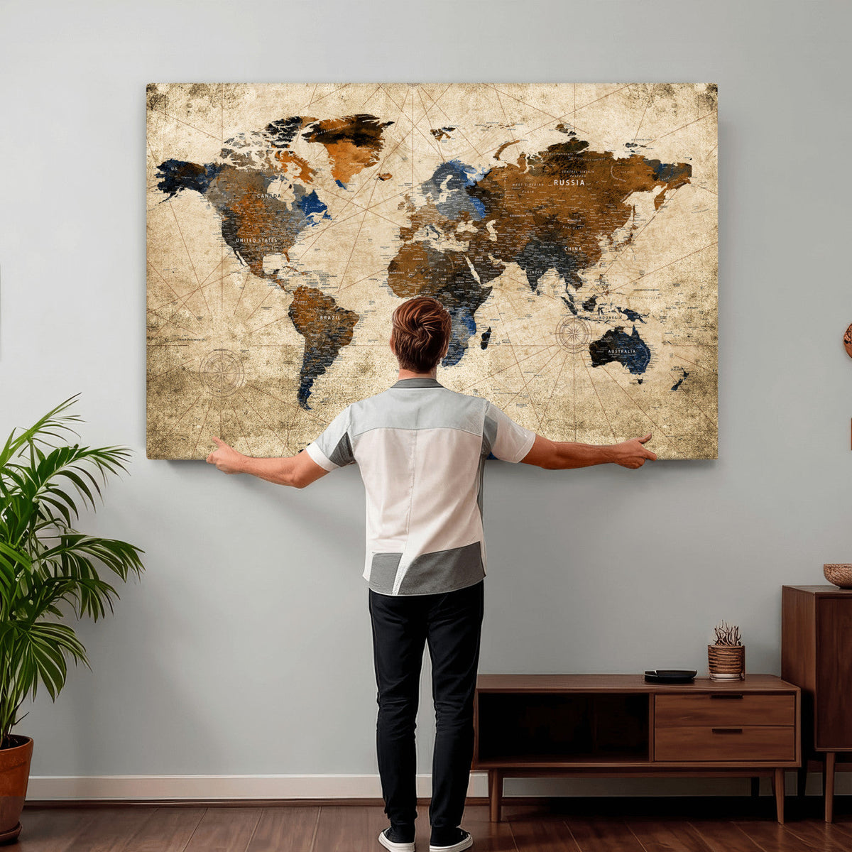World Map Wall Art – Rustic Earth Tone Canvas Print, Antique