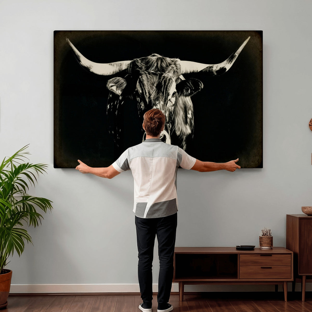 Black Bull Wall Art Canvas Print, Texas Longhorn Portrait