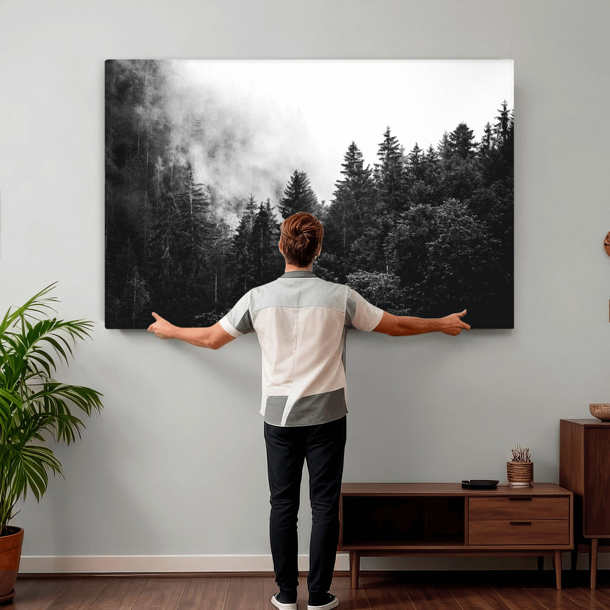 Black White Forest Wall Art Canvas Print, Misty Pine Tree
